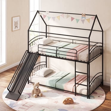 Gymax Lit Superposé Style Maison avec Lattes Métalliques, Échelle Réversible et Glissade pour Chambre, Noir
