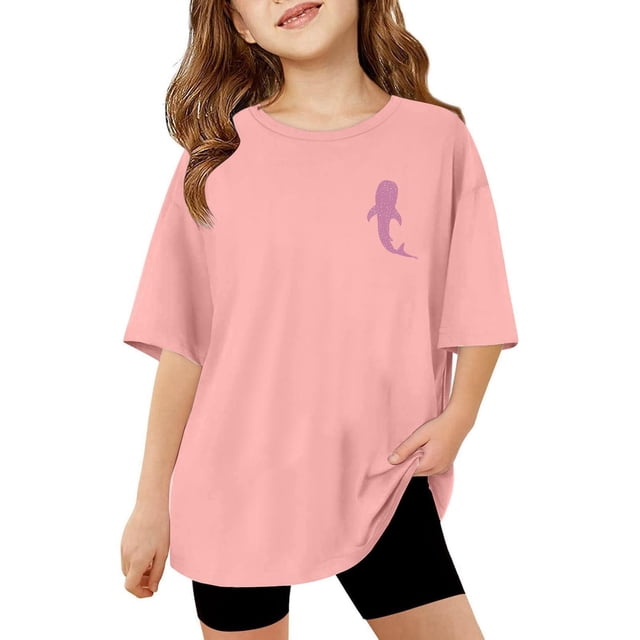 T-Shirt Décontracté à Manches Courtes pour Filles, Col Rond, Haut Imprimé, Tissu Extensible Confortable pour le Quotidien, l'École et les Activités Extérieures, Âges 3-13