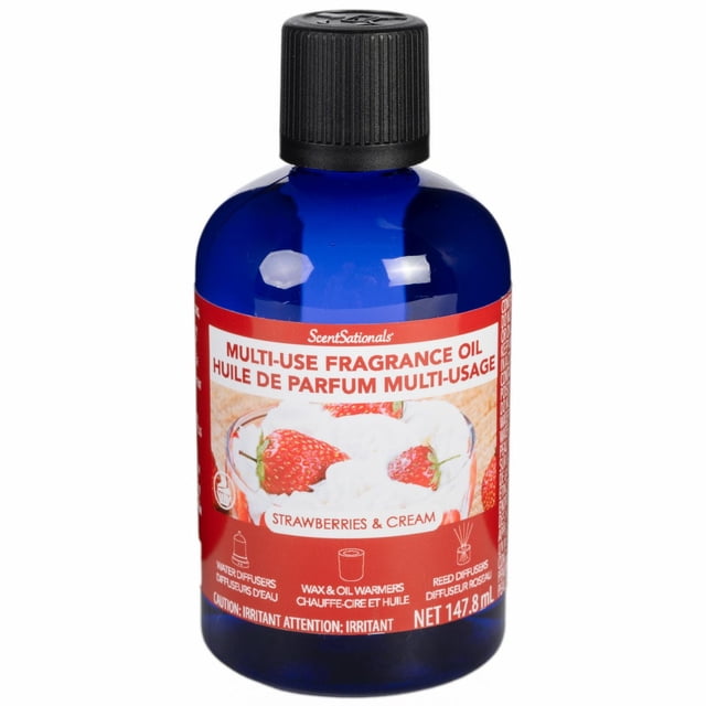 ScentSationals Multi Use Fragrance Oil Strawberries & Cream in a 147.8 ml blue bottle with black ribbed cap, featuring a red label with strawberries and cream image, designed for use in electric warmers, ultrasonic diffusers, and reed diffusers, ideal for customizable home or office fragrance.