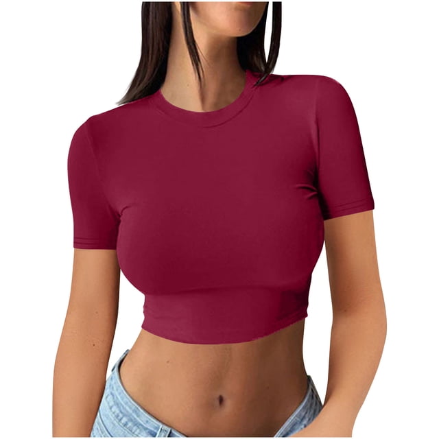 AherBiu Hauts Courts pour Femmes Haut de Sortie T-Shirts Chemises Manches Courtes Col Rond Ajusté Confortable T-Shirt Basique