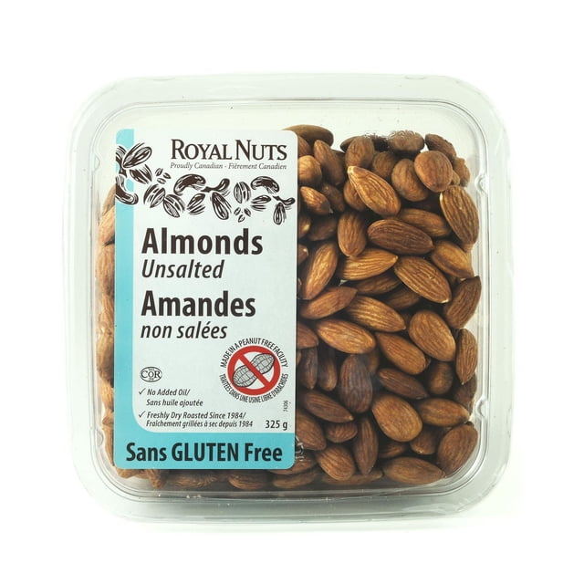 Unsalted Almonds by Royal Nuts in a clear plastic container showing whole dry roasted almonds with smooth light brown texture, labeled gluten free and peanut-free, weighing 325 grams, suitable for snacking, cooking, and baking.
