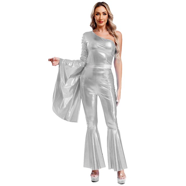 Raenseen Womens Metallic Shiny Flare Sleeve Bodysuit Hippie Bell Bottom Jazz Dance Rave Party Silver L