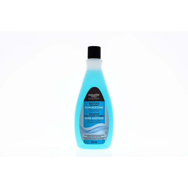Equate Beauty Non-Acetone Nail Polish Remover in a 354 mL translucent blue plastic bottle with black cap, safe for natural and artificial nails and containing natural oil to retain moisture, shown front-facing on a white background.