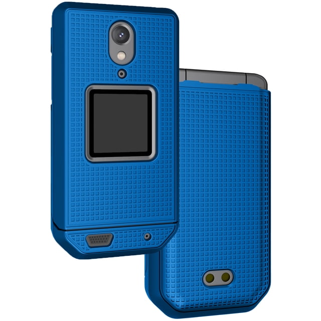 Case for CAT S22 Flip Phone by Nakedcellphone in cobalt blue, featuring a slim hard shell design with a grid-textured matte finish. The case provides impact protection with front and back snap-on covers, recessed trim for screen protection, and precise cutouts for buttons, ports, and the camera. Made of durable polycarbonate with enhanced grip and fingerprint resistance. Designed to fit the CAT S22 Flip Phone while maintaining full functionality, including the ability to flip open and closed.