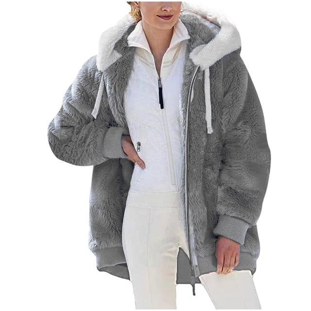 Heliisoer Plus Women Size Winter Warm Loose Plush Zip Hooded Jacket Coat