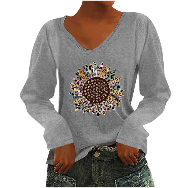 Pompotops T-Shirt à Manches Longues à Col en V Imprimé Décontracté pour Femmes, Chandail, Hauts, Liquidation