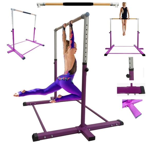Gymnastics Bar Pro Horizontal Kip Bar Expandable Height 3 to 5 FT, Premium Jungle Gym Home Gym Pull Up Kids Gymnasts Junior Training Bar, Monkey Bar Playground for Children and Teens, Purple