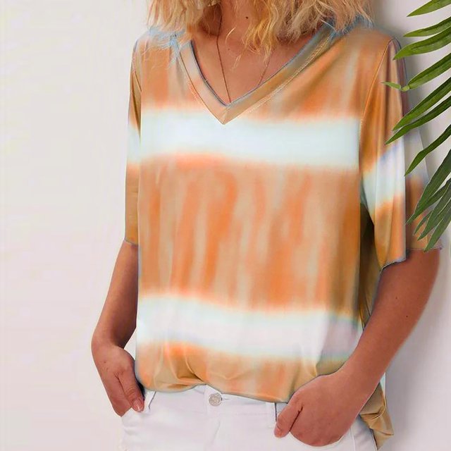 CEHVOM T-Shirt Dégradé pour Femmes, Col en V, Manches Courtes, Décontracté