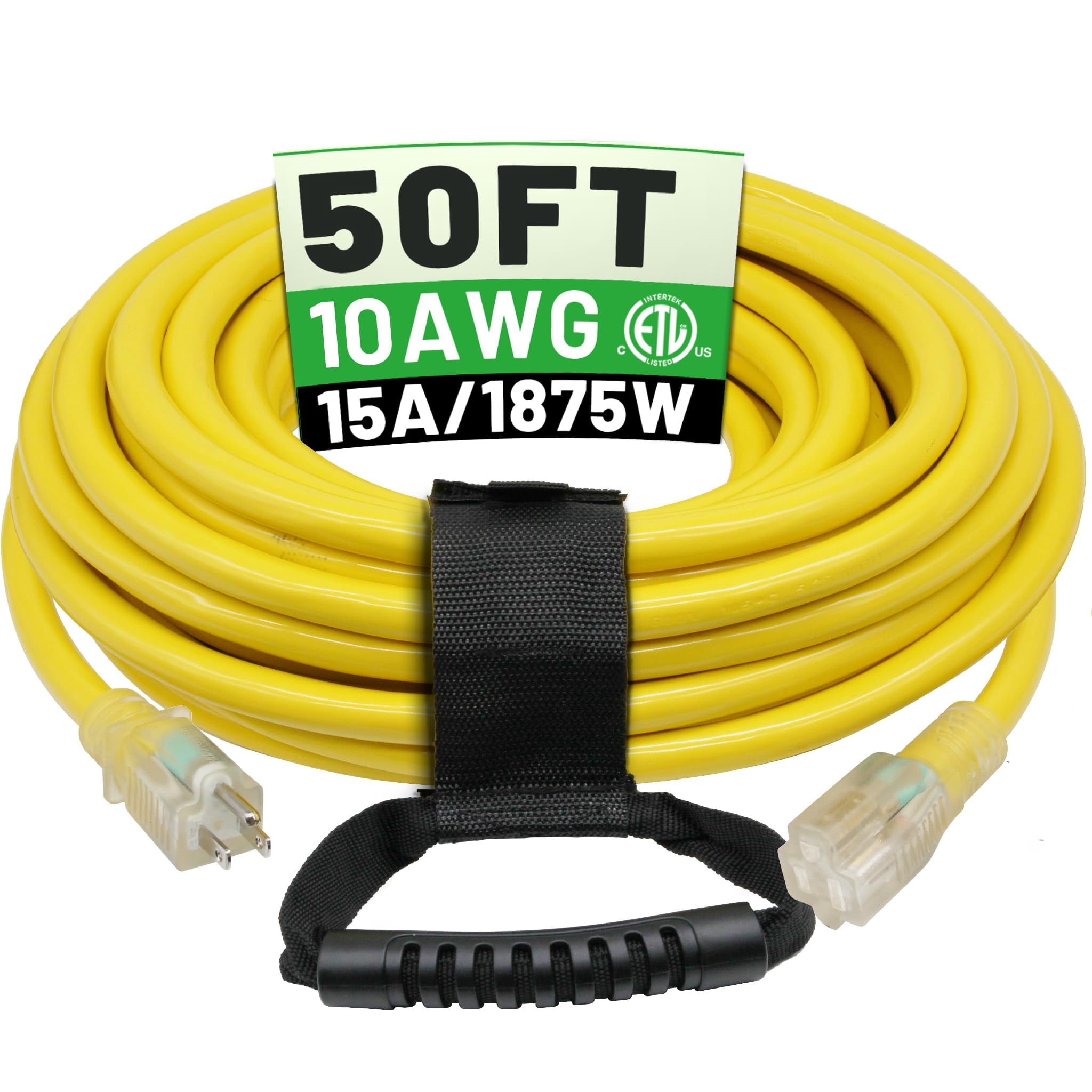 POWGRN 50 Ft 10AWG Outdoor Extension Cord Waterproof Heavy Duty 10 Gauge 3 Prong, Flexible Cold-Resistant Long Power Cord Outside with Lighted Indica