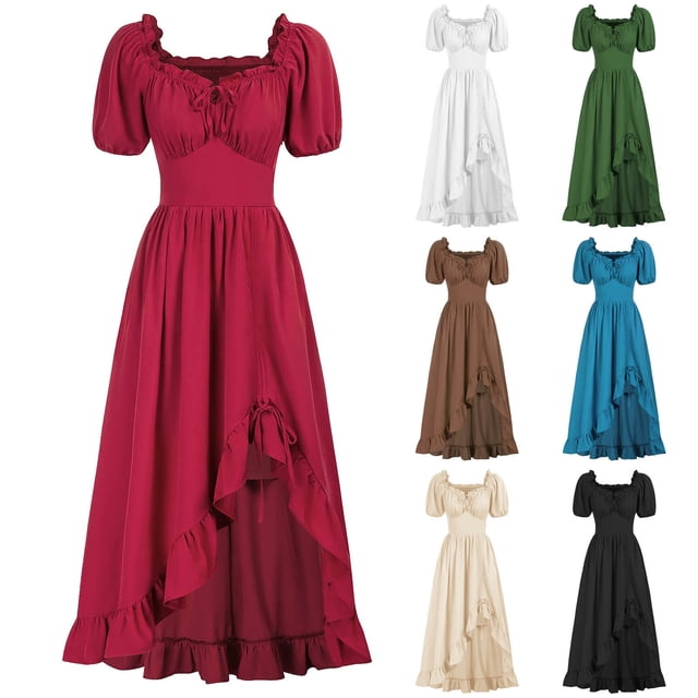 Hot6sl Robe à Manches Courtes Col Carré, Robe Unie à Volants avec Cordon de Serrage, Robe en dacron pour Femmes/Bleu, P