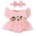 thumbnail image 1 of Infant Romper Dress Flower Leaves Embroidery Jumpsuits with Headband, 1 of 9