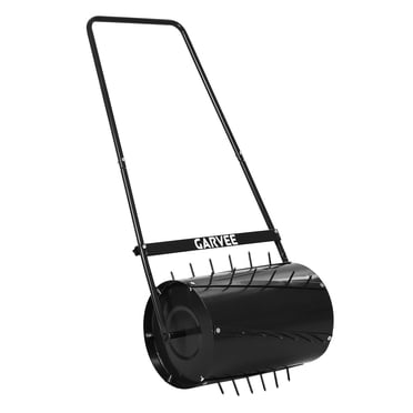 Rouleau et Aérateur – Acier Robuste 2-en-1 de 23 Pouces – 13 Gal pour Remplir d'Eau/sable – Pousser/remorquer derrière – Poignée en U – Jardin, Pelouse et Ferme – Baril en Acier Noir