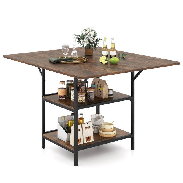 Costway Dining Table for 4-6People,47”Rectangular Kitchen Table with 2-tier Storage Shelves Rustic Brown + Black