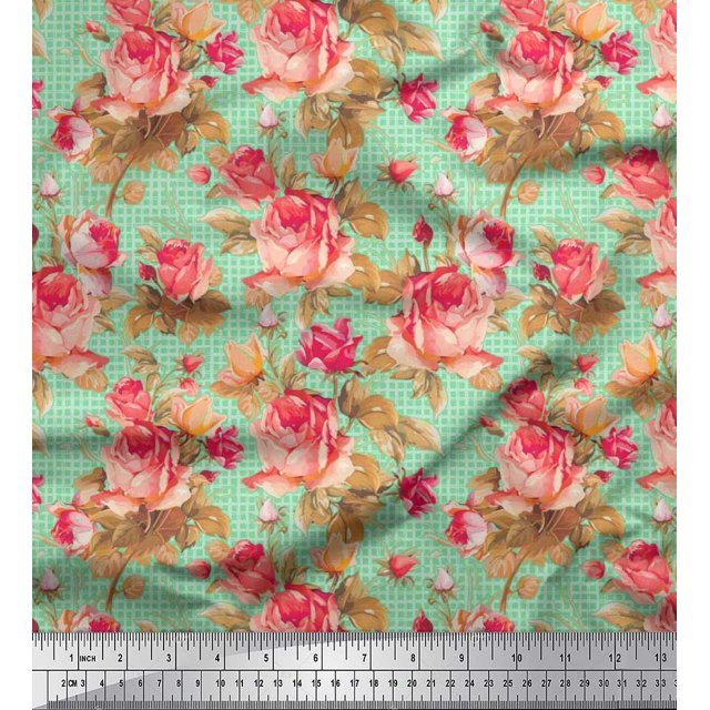 Soimoi polyester Crepe Fabric Check,Leaves & Rose Floral Fabric Prints By Yard 42 Inch Wide