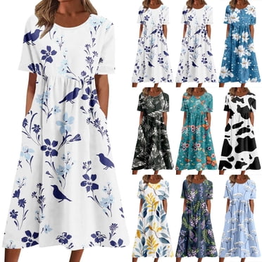 Robes pour Femmes 2023 Grande Taille Mode Femmes Été Imprimé Décontracté Col Rond Manches Courtes Vacances Poches Robe Liquidation Robes pour Femmes