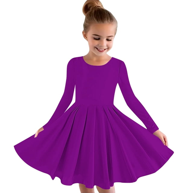MeetoTime Robe de Performance pour Filles à Manches Longues, Couleur Unie, Col Rond, Extensible, Robe de Récital Scolaire, 4-14 Ans, Vêtements pour Enfants