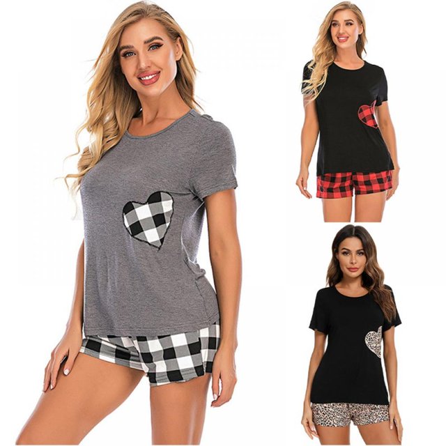 Shorty Pyjama Femmes Ultra Doux Shorts à Carreaux Pyjama Ensemble Manches Courtes Pyjama S-XXL