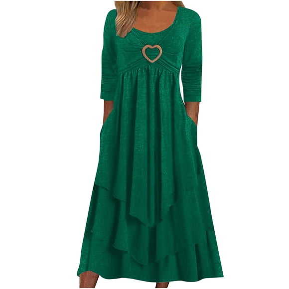 Green Dresses for Women Solid Color Long Sleeve Patchwork Lace Dress Plus Size Round Neck Fit And Flare Trendy Vacation Casual Dress Maxi Fashion Daily A-Line Blouse Backless Pleated Dress,3XL