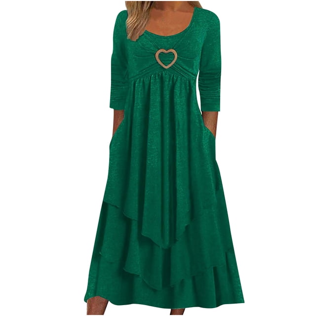 Robes Vertes pour Femmes Couleur Unie à Manches Longues Robe en Dentelle Patchwork Grande Taille Col Rond Ajustée et Évasée Tendance Vacances Robe Décontractée Maxi Mode Quotidien Blouse Trapèze Dos Nu Robe Plissée, TTG
