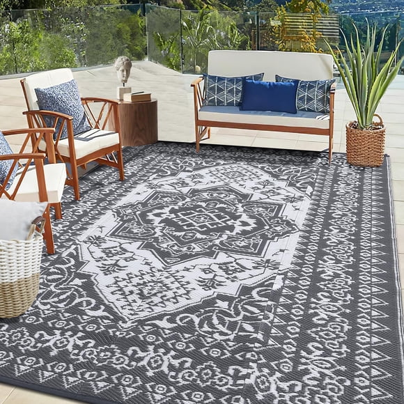 Outdoor Waterproof Reversible Plastic Straw Rug – Large UV-Resistant Patio Carpet – Medallion Design, Durable – For Deck, Porch, Garden, Camping, RV – Gray & White, 9x12ft (274x360cm), USA