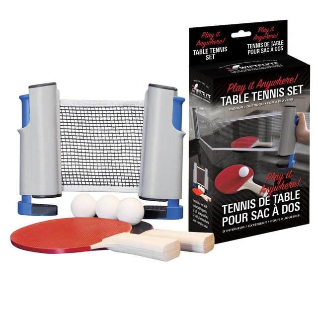 Swiftflyte Play It Anywhere Portable Table Tennis Set with retractable net and adjustable posts, two red paddles with wooden handles, and three white balls, displayed with its bilingual English and French packaging for indoor and outdoor use.