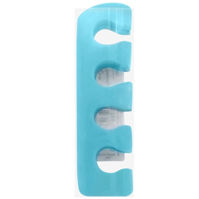 Equate Beauty Toe Separators in soft blue flexible foam with four rounded slots to separate toes for pedicure nail care, designed to fit most feet comfortably, shown in a close-up front view on a white background.