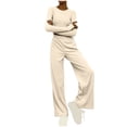 thumbnail image 1 of Timegard Lounge Outfits for Women Long Sleeve Round Neck Solid Color Cropped Tops Elastic Waist Wide Leg Pants Sets, 1 of 6