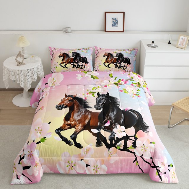 Erosebridal Ensemble de Literie Cheval 3D, Couette Fleurs de Cerisier Roses, Décor Animal Rustique, 3 Pcs