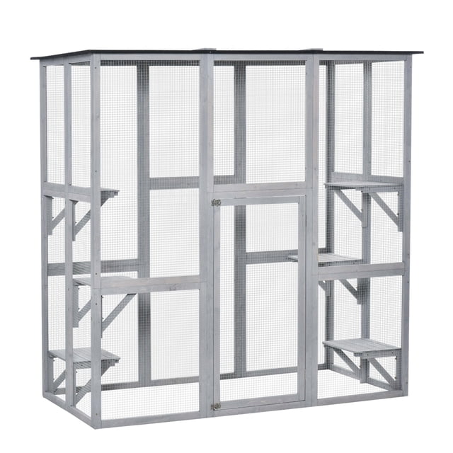 PawHut Catio d'Extérieur, Résistant aux Intempéries avec Plateformes, Gris