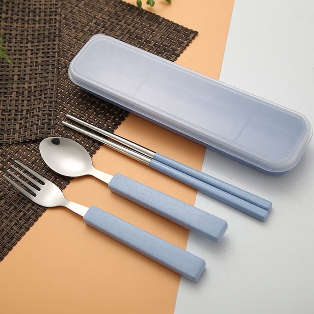 Dvkptbk 3Pcs/Set Spoon Fork Chopsticks Stainless Steel Travel Cutlery Tableware Box with a compact blue cutlery set featuring stainless steel heads and ergonomic handles, stored in a durable blue PP box. Perfect for portable use during travel, camping, picnics, or school.