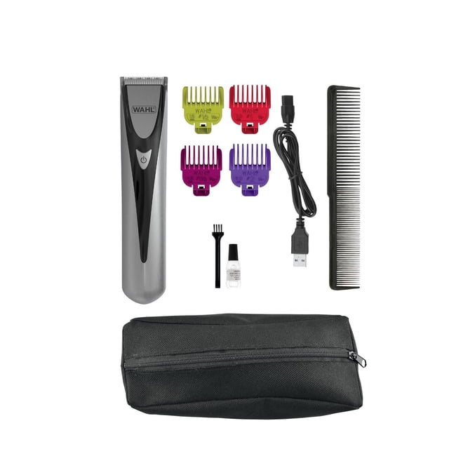 Wahl Li Mini Pro Cordless Pet Trimmer Model 58170 with four color-coded clipper guards, USB charging cable, black comb, cleaning brush, blade oil, and black zippered pouch arranged on white background, designed for efficient dog grooming and cordless use.