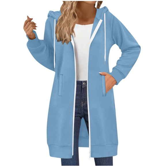 aohooy Womens Oversized Zip Up Long Fleece Hoodies Long Sleeve Drawstring Hooded with Pockets Casual for Hiking Camping Travel Vacation Light Blue,S