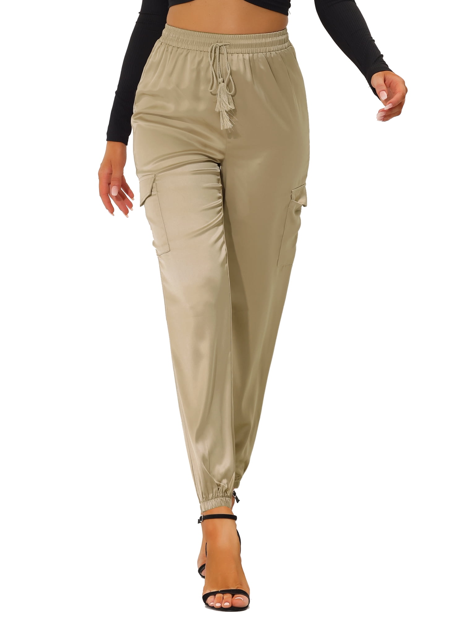 Unique Bargains Women's High Rise Silky Satin Cargo Pants, Khaki, Size S