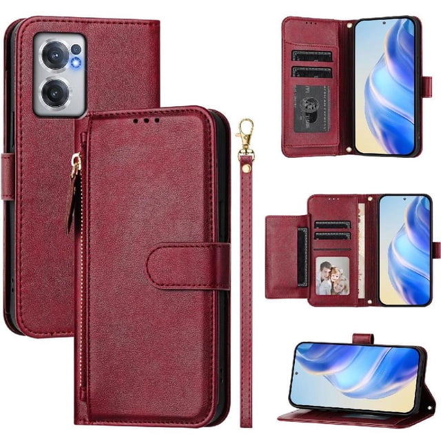 Case for Oneplus NORD CE 2 5G Zipper Wallet Flip Cover with Card Holder, Photo Frame, Kickstand & Lanyard, PU Leather Red