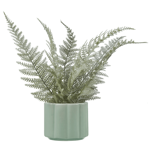 Bouclair Fougère Artificielle en Pot avec des Feuilles de Fougère en Plastique Vertes Réalistes dans un Pot en Céramique Vert Pâle Texturé avec des Crêtes Verticales, Montré d'Une Vue avant Centrée. Cette Plante Artificielle Sans Entretien Convient pour Égayer les Bureaux, les Étagères Ou les Meubles de Salle de Bain.