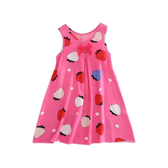 Chemises de Nuit Fille 1-14 Ans Coton Chemises de Nuit Vêtements de Nuit Été Sans Manches Col Rond Imprimé Nœud Ample et Confortable Robe de Climatisation Rose C