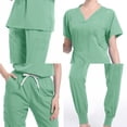 thumbnail image 3 of Ensemble de Sarrau Jogger Médical pour Femmes, Tenue d'Été 2 Pcs, Uniforme d'Infirmière, Hauts à Manches Courtes, Pantalons Cargo, Uniformes de Travail, Vert, TG, 3 of 3