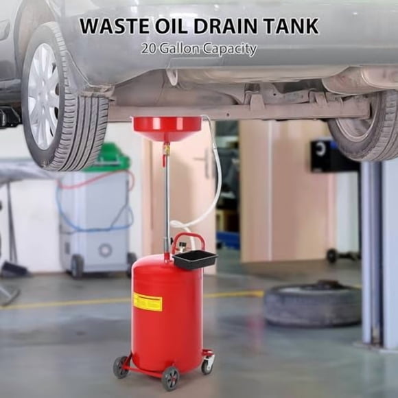 20 Gallon Oil Drain Tank, Fluid Fuel Transfer Tank, Portable Oil Drain Container, Air Operated Drainer with Wheels and a Toolbox, Adjustable Funnel Height
