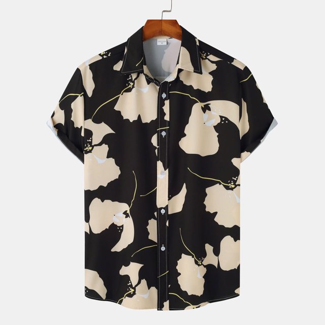 EGNMCR Men Casual Buttons Color Block Print With Pocket Turndown Short Sleeve Shirt Blouse