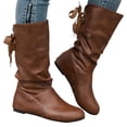 thumbnail image 3 of Bmisegm Bottes Rétro à Bout Rond pour Femmes, Couleur Unie, Grande Taille, Nœud, Talon Compensé, Semelle Épaisse, Légères, Mi-Mollet, Chaussures Bottes pour Femmes, Brun 7.5, 3 of 9