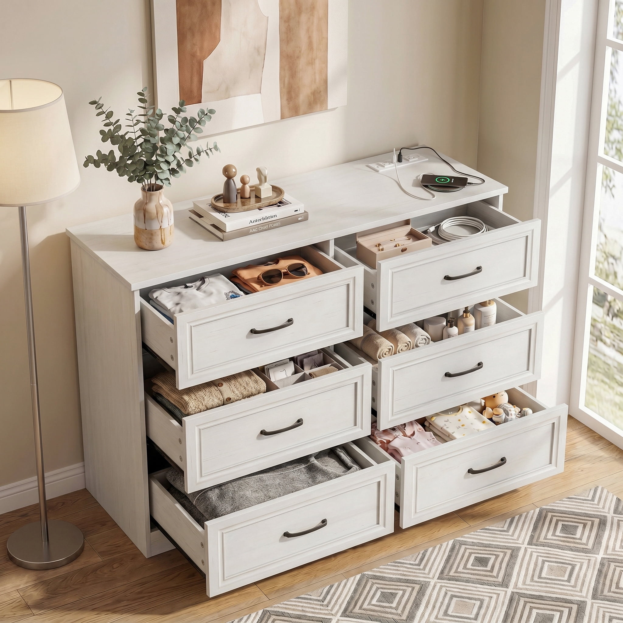 VEANERWOOD 6 Drawers Dresser with Charging Station for Bedroom, Wood Chest of Drawers, Farmhouse,White