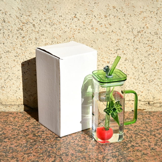 Square Glass Tumbler With Handle, Double-Wall Glass Straw Cup, Stylish Two-Way Tumbler, Glass Material, 0.35L Capacity, Durable, Multi-Purpose