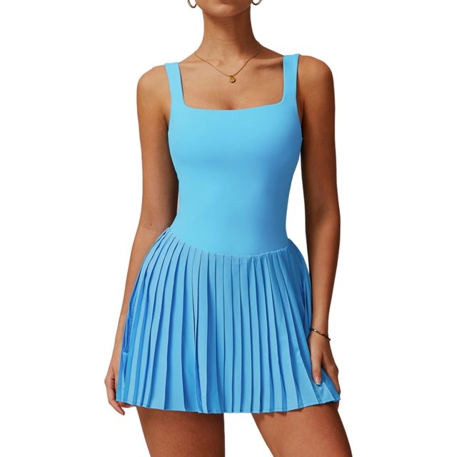 PISONIC Robe de Tennis et de Golf pour Femmes avec Soutien-Gorge Intégré, Short, Dos Nu, Encolure Carrée, Ourlet Plissé, Robes Athlétiques avec Poches