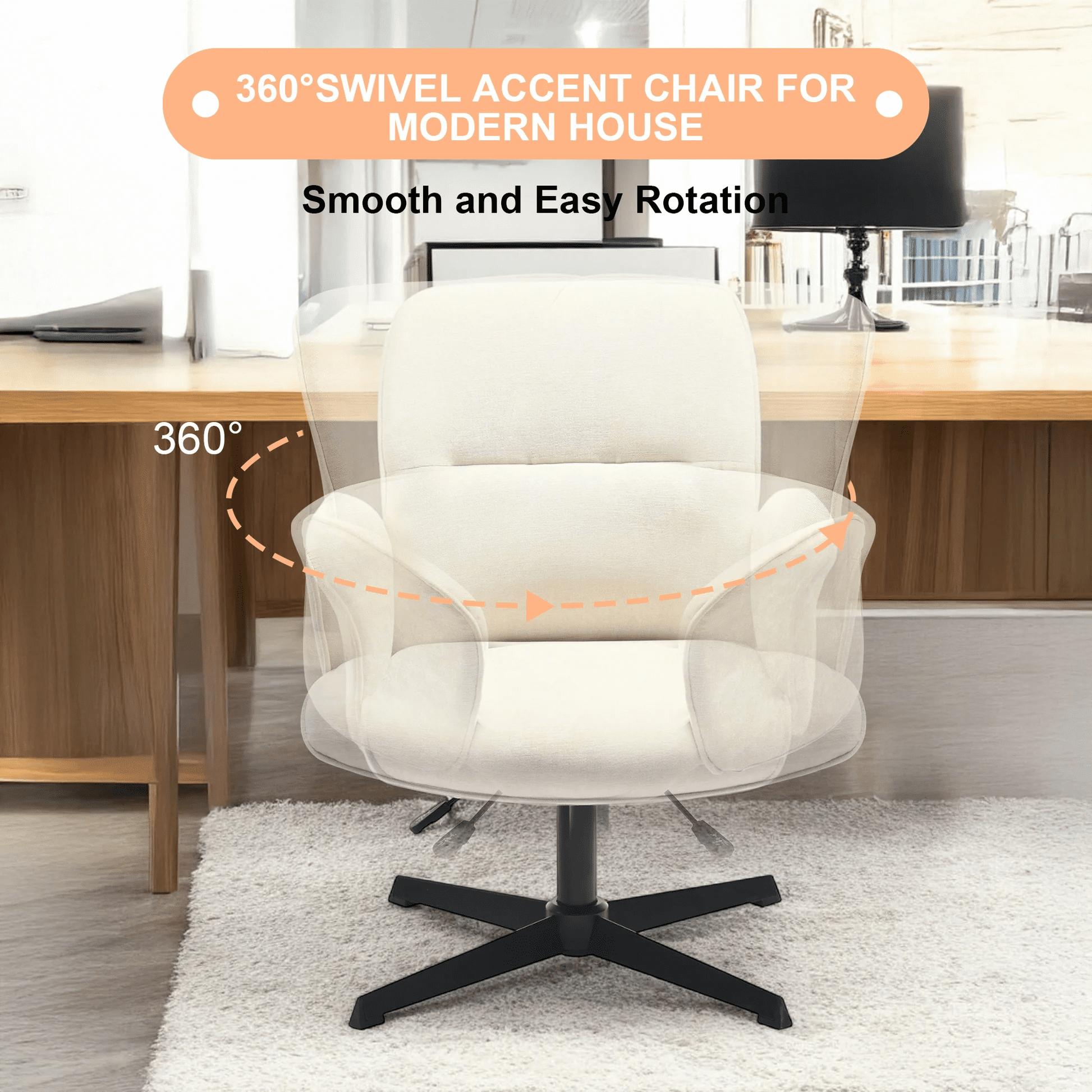 Homy Casa Cream Chenille Vanity Chair, Height-Adjustable 360° Swivel Makeup Desk Chair with Padded Arms