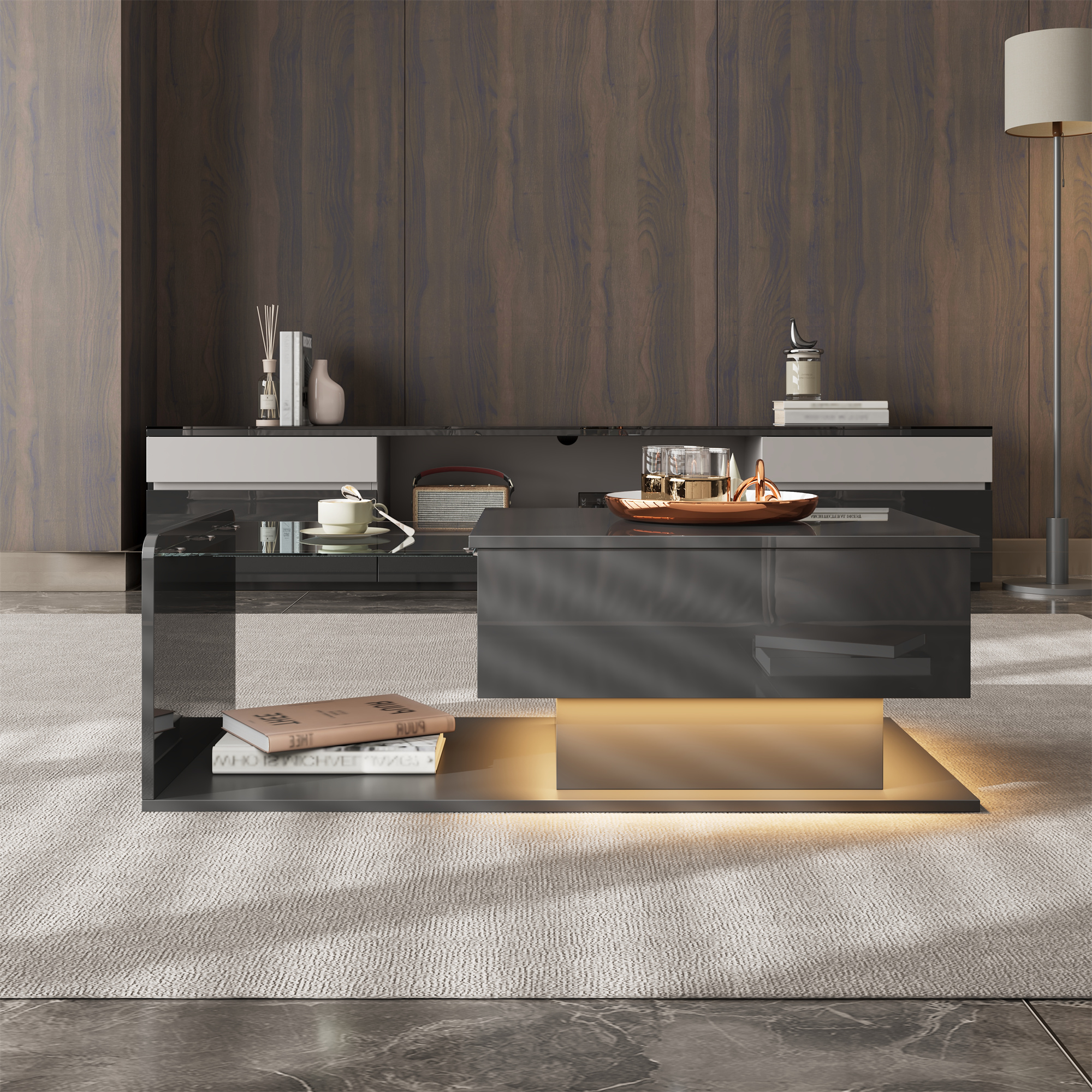 Noble House Table Basse Élévatrice Brillante, LED Contrôlé par Application et Hauteur Réglable avec Dessus en Verre et Rangement, Noir
