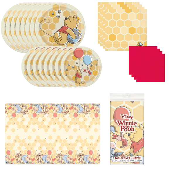 Winnie the Pooh Party Supplies Bundle - Official Licensed Product! 69 Total Items: 16 Luncheon Napkins, 8 Dinner Plates, 8 Dessert Plates, 20 Red Beverage Napkins & Tablecloth - Perfect for Birthdays!