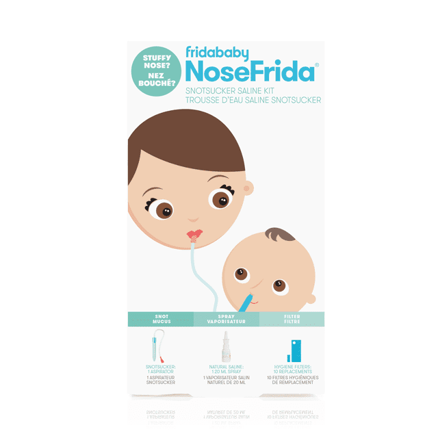 NoseFrida le Snotsucker Trousse de solution Saline par Frida Baby, une solution Tout-en-un pour Soins Nasaux pour Bébé avec un Aspirateur nasal Non Invasif, un Vaporisateur de solution Saline et 10 Filtres d'Hygiène. Idéal pour les Soins de Santé pour Bébé, Élimine Naturellement les Nez Étouffants. l'Emballage Présente des illustrations de parent et de Bébé Démontrant l'Usage.