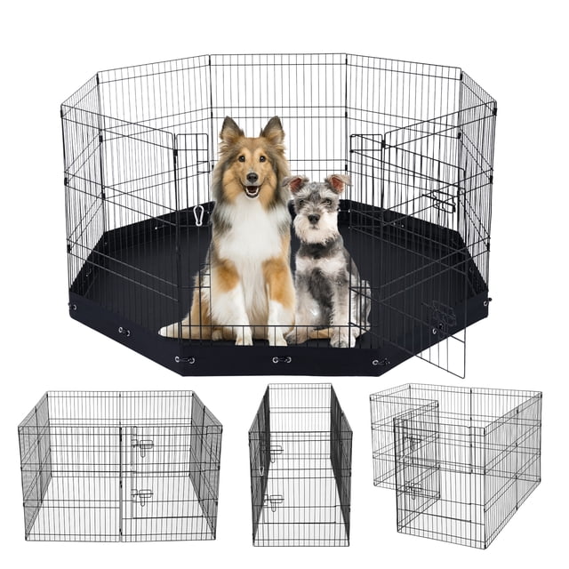 Dog Playpen 8 Panels Foldable Metal Dog Exercise Pen with Bottom Pad 30"H. The image shows an octagonal black metal playpen with two medium-sized dogs inside, placed on a sturdy waterproof 600D Oxford fabric mat. The pen features eight panels, a secure door latch, and elastic straps to attach the mat. Additional views display the pen in different configurations, suitable for indoor and outdoor use.