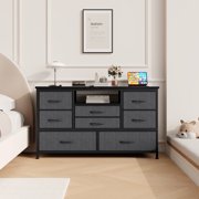 47"W TV Stand Dresser for Bedroom with Power Outlet & LED Light, 8-Drawer Sideboard Chest with 8 Deep Drawers, Wide Console Table for Storage in Closet, Living Room, Entryway, Wood Top