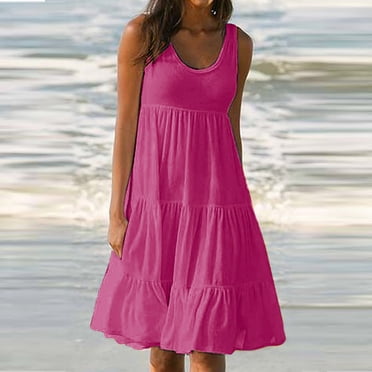 zanvin Ladies summer dresses Casual Holiday Solid Color Sleeveless Swing beach Dress gifts for Girls Ladies Teens Wifes Mom,Hot Pink
